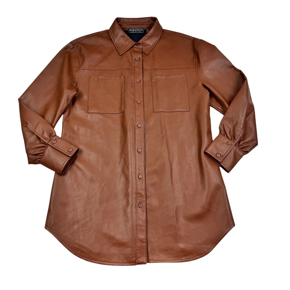 Bagatelle Mocha Faux Leather Long Line Button Down Top Women's Size Medium